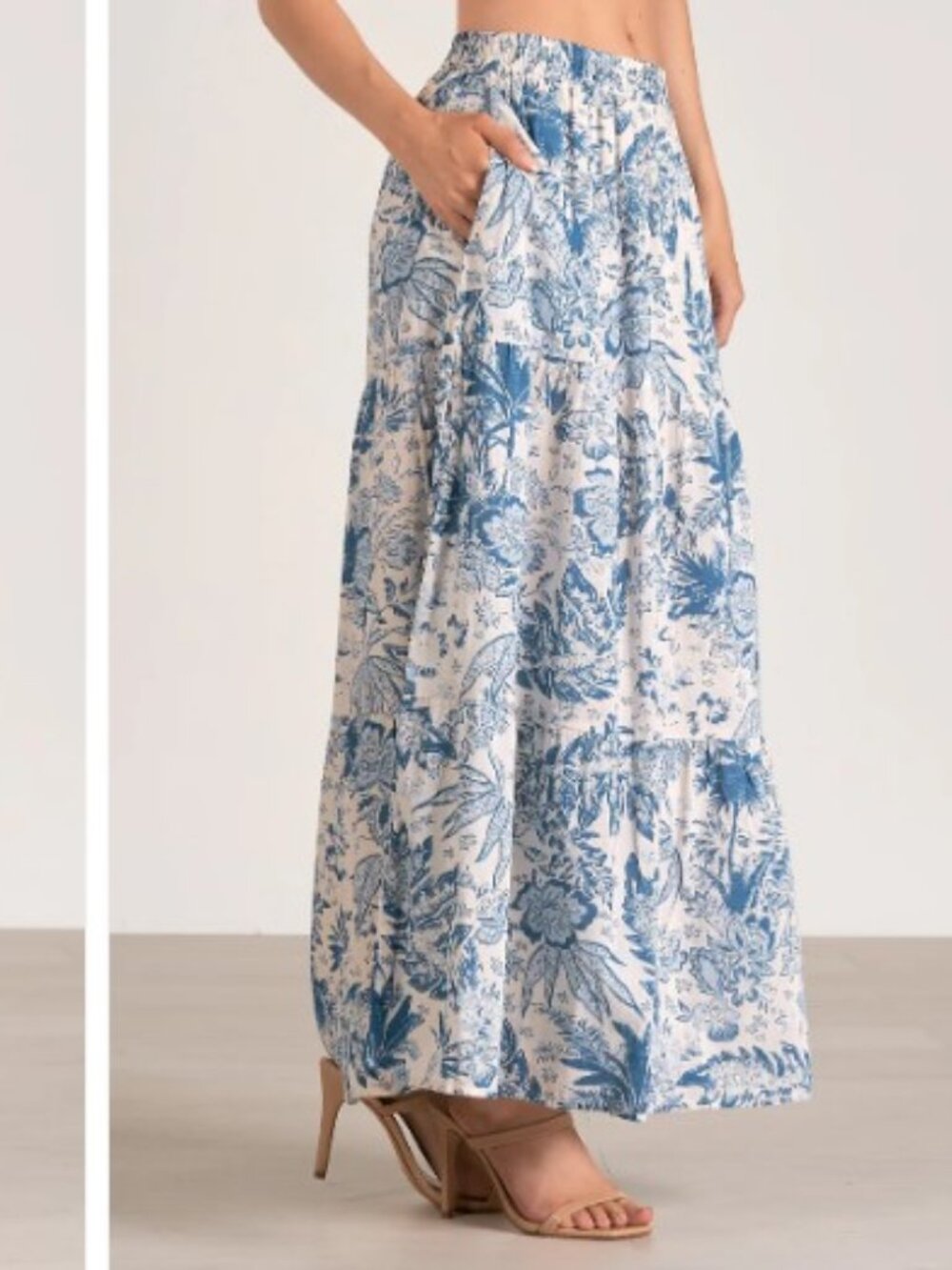 Elan Blue & White Tropical Floral Tiered Maxi Skirt 100% Cotton Elastic Waist S - Picture 2 of 8